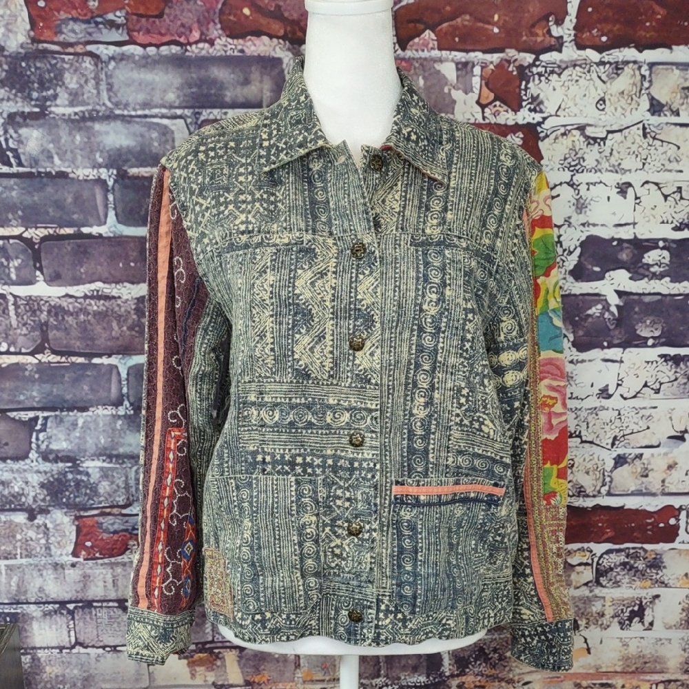 Chico's Design Linen Batik/Floral Patch Jacket